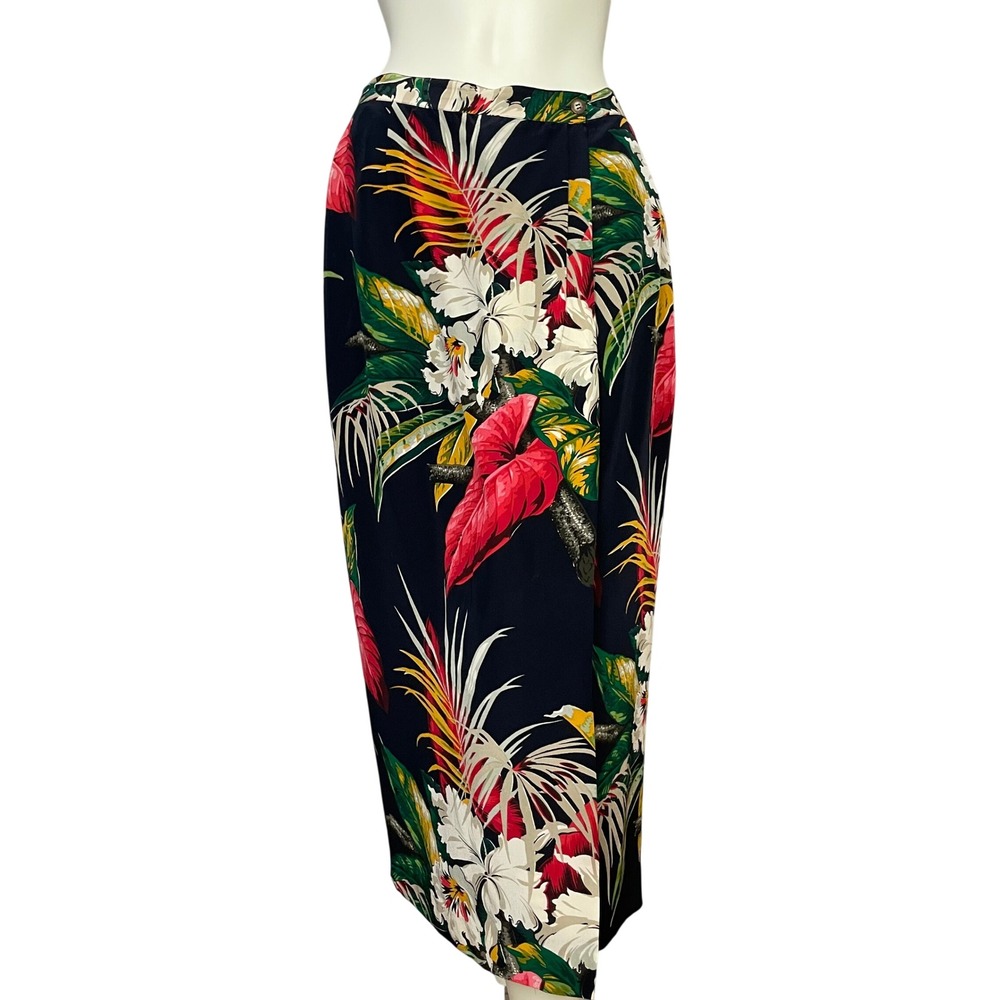 Vintage Tropical Silk Skirt Faux Wrap Floral Women Black Colorful 90s Hawaiian